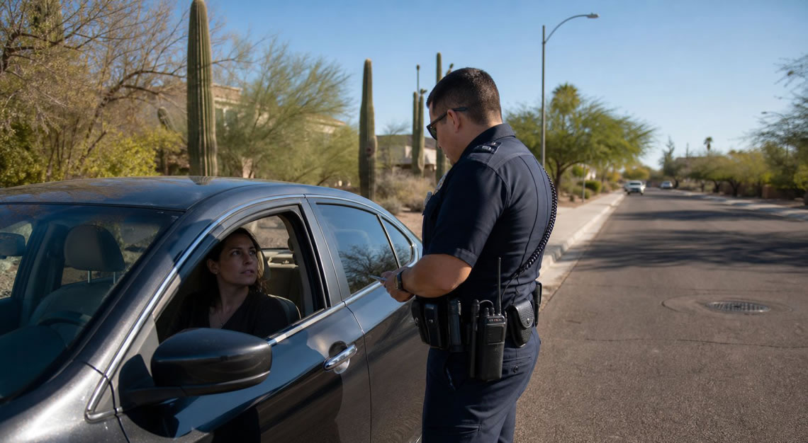 A police officer talks to a driver in a parked car on a quiet street with desert plants in the background.