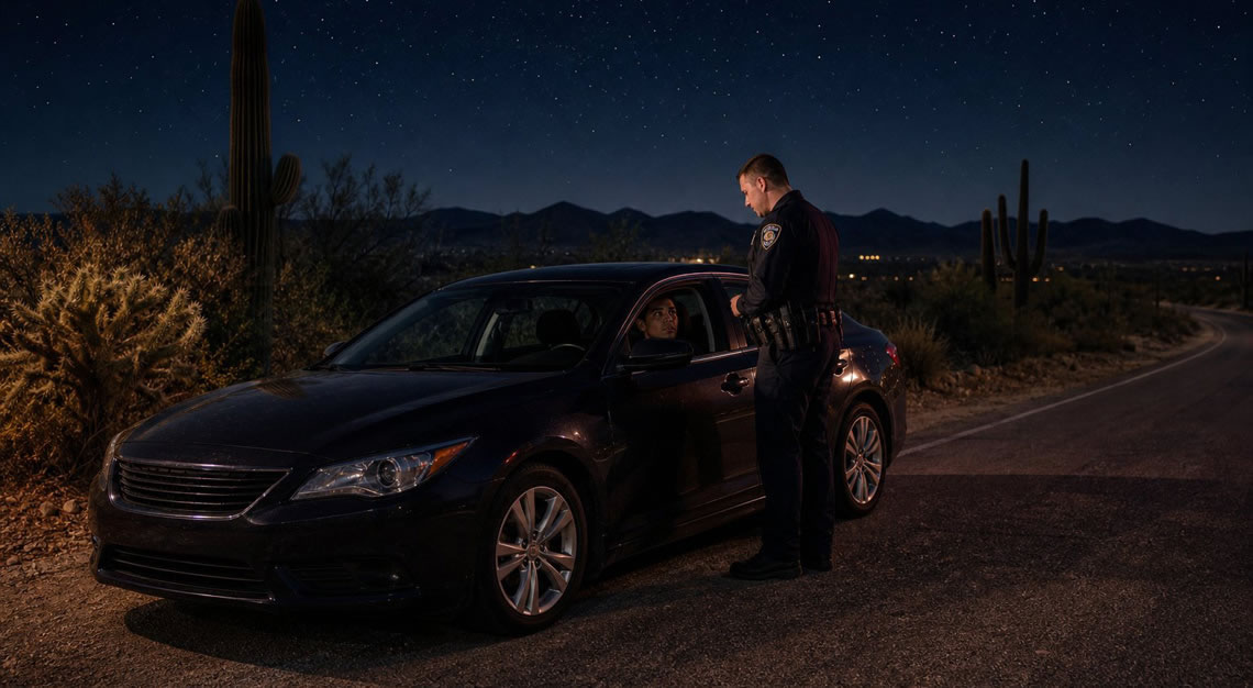 A police officer talks to a person sitting inside a parked car at night on a desert road in Arizona.