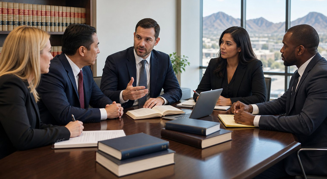 A group of lawyers in business attire discussing around a conference table in a bright office.