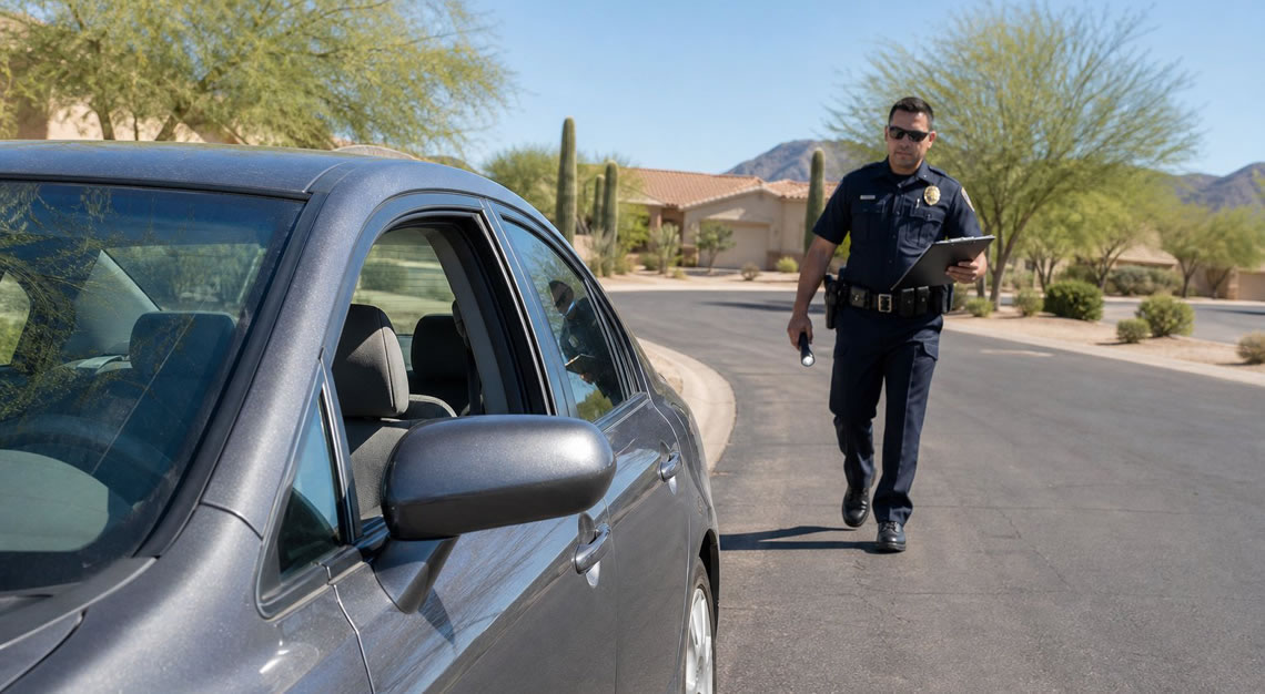 A parked car on a suburban Arizona street with a police officer approaching the driver’s side window during the day.