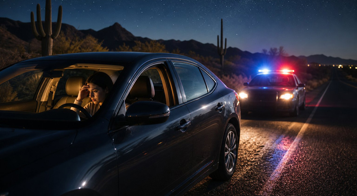 A parked car on a desert road at night with a person inside and a police car with flashing lights behind it under a starry sky.