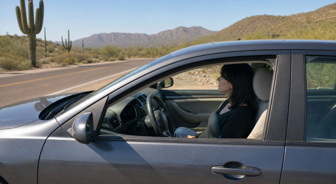 A parked car on a quiet Arizona road with a person sitting inside, desert landscape with cacti and mountains in the background.