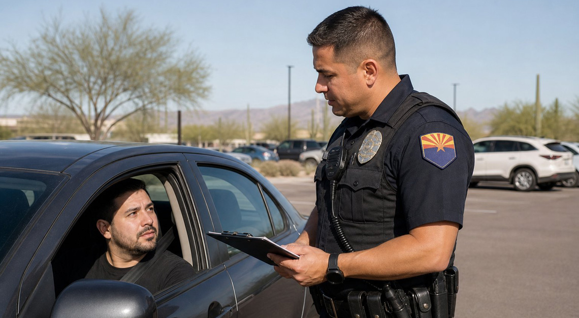 An Arizona police officer talks to a driver sitting in a parked car in a parking lot during the day.
