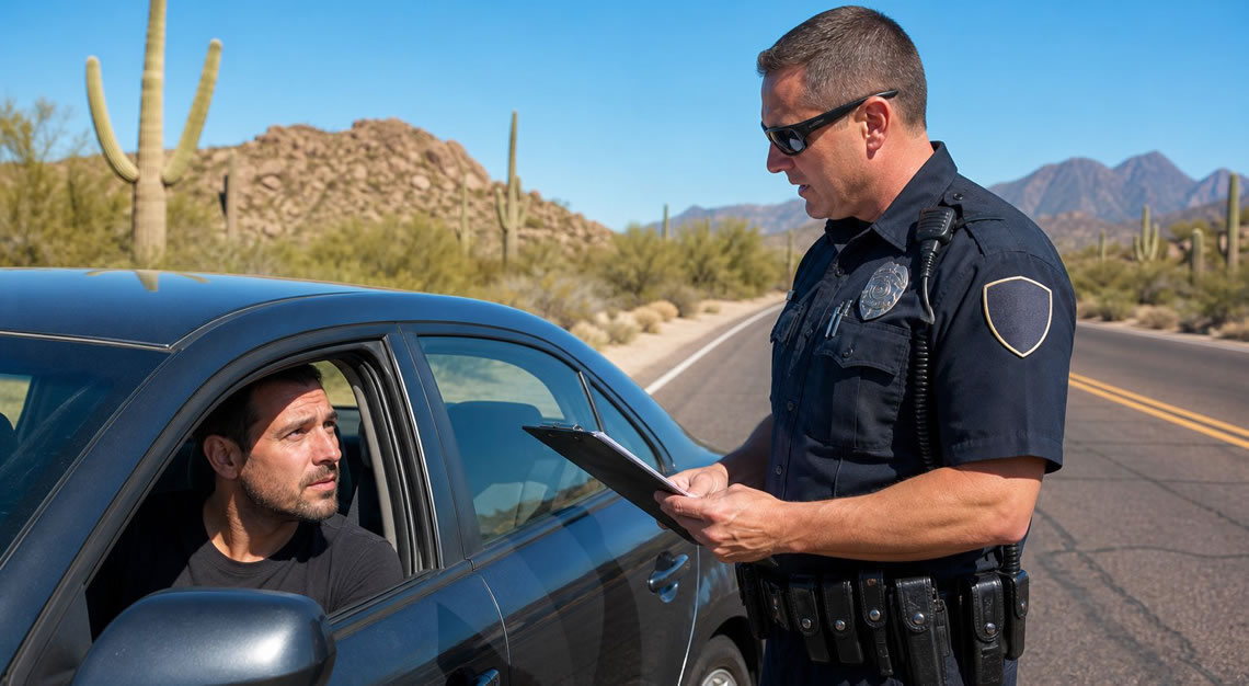 A police officer talks to a driver sitting in a parked car on a quiet Arizona road with desert landscape in the background.