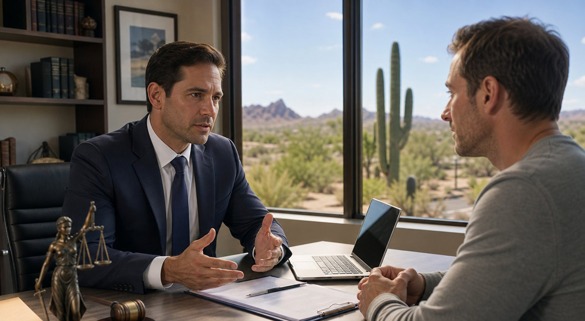 A lawyer and a client discussing legal documents in an office with a sunny Arizona desert landscape visible through the window.