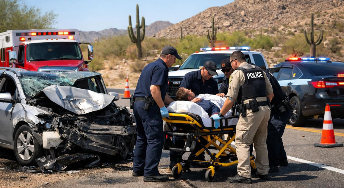 An emergency scene on a desert highway shows first responders attending to a victim on a yellow stretcher next to a heavily damaged silver car.