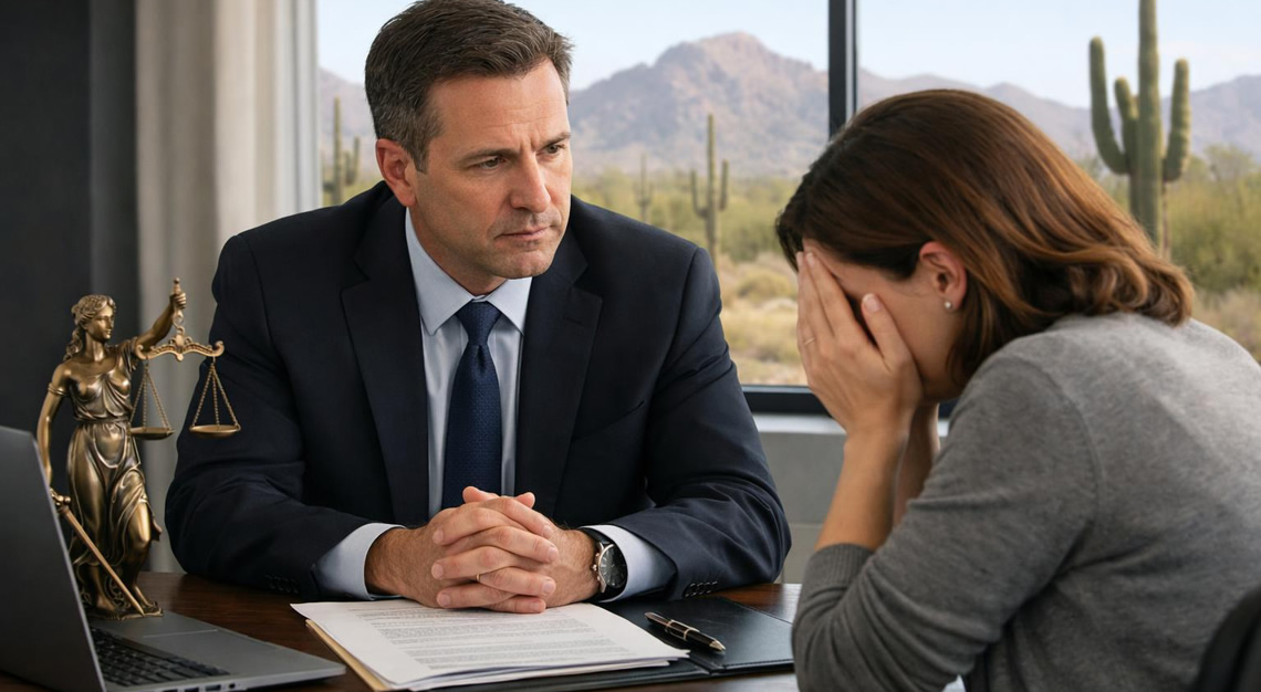A lawyer consulting with a distressed client in a law office with a view of the Arizona desert outside.