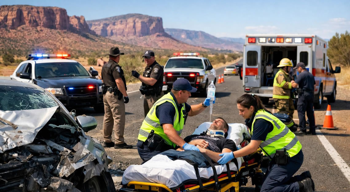 An emergency scene on a rural highway shows two paramedics in high-visibility vests providing medical care to a man on a stretcher, who is wearing a neck brace and receiving IV fluids.