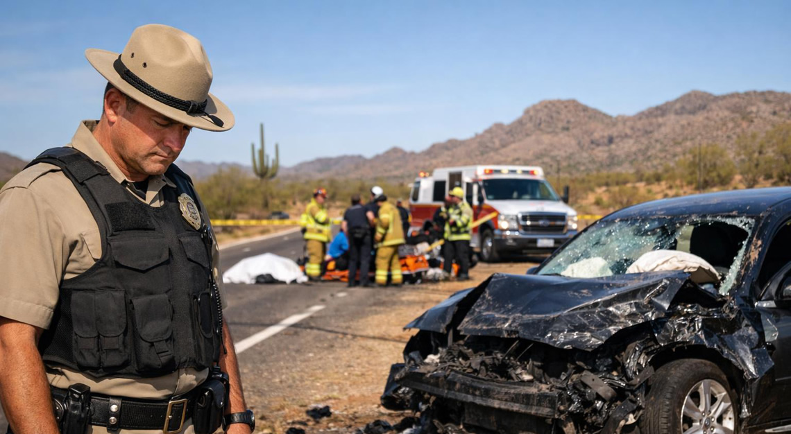 Police officer standing near a damaged vehicle on a desert highway with emergency responders and caution tape at the scene.