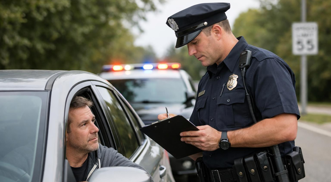 Police officer talking to a driver beside a stopped car on a suburban road with a police car in the background.