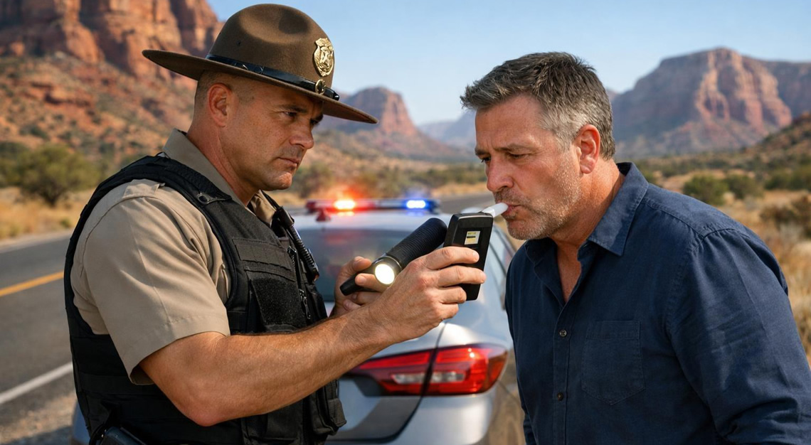 A police officer administering a sobriety test to a man beside a car on a desert highway in Arizona.