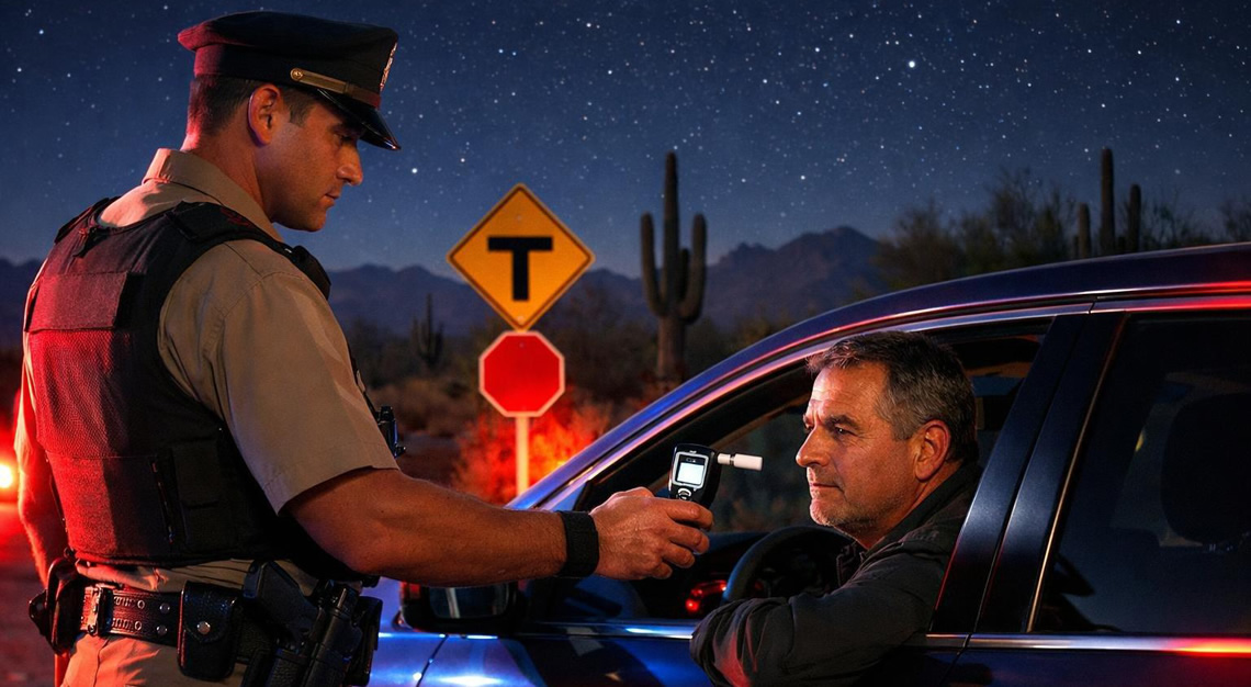 A police officer administering a breathalyzer test to a driver during a roadside DUI check at night in a desert area.
