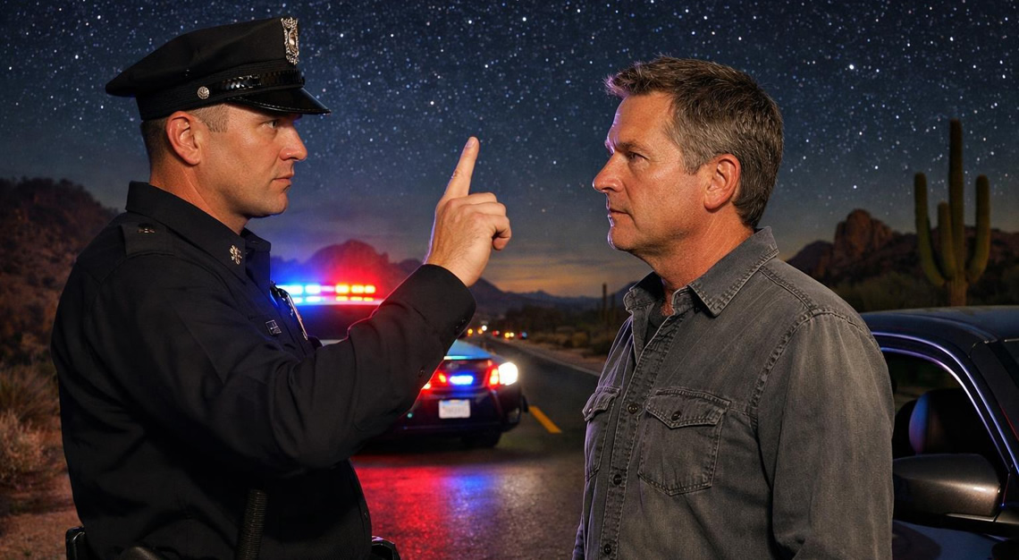 A police officer administering a sobriety test to a driver on a desert highway at night with a police car flashing lights nearby.