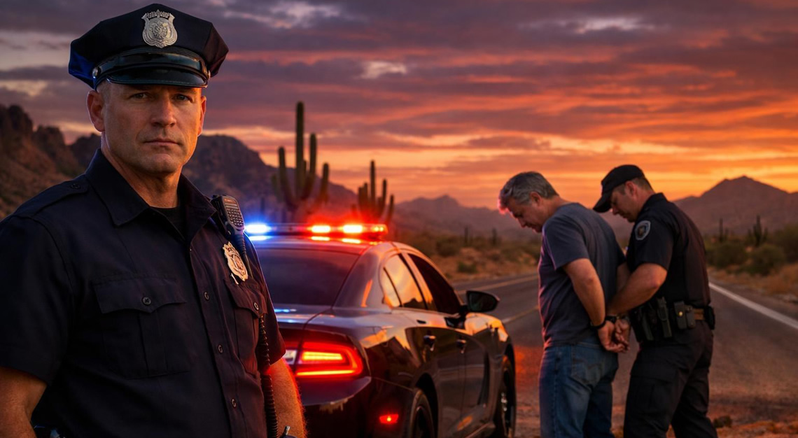 Police officers arresting a distressed driver beside a police car on a desert highway in Arizona at sunset.