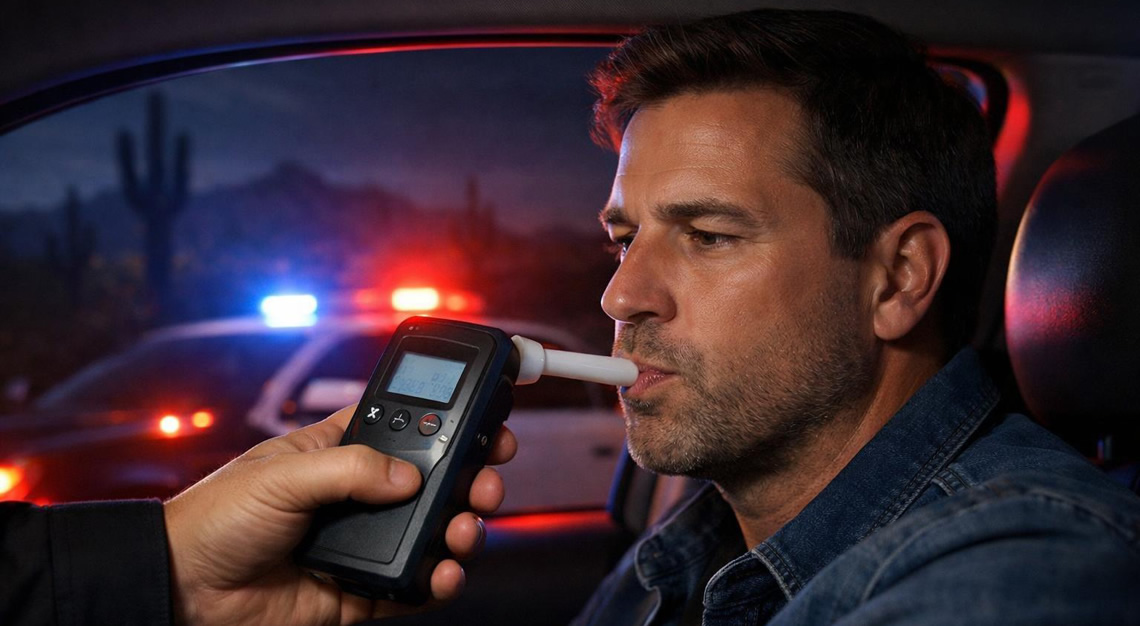 A police officer administering a breathalyzer test to a driver inside a car at night with desert landscape visible through the window.