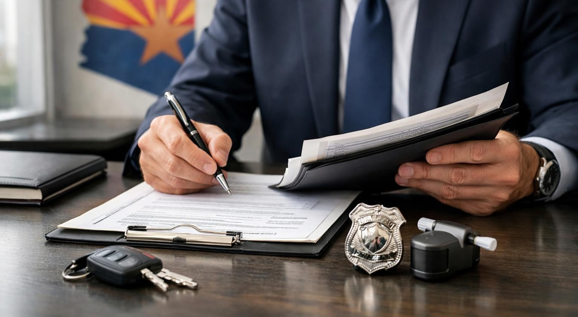 A business professional reviewing official documents at a desk with car keys and a police badge model, with an Arizona state map in the background.