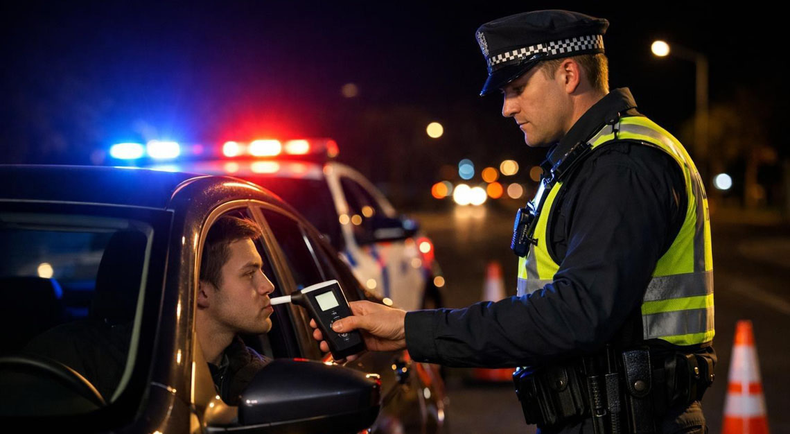 A police officer administering a breathalyzer test to a driver during a nighttime roadside stop.