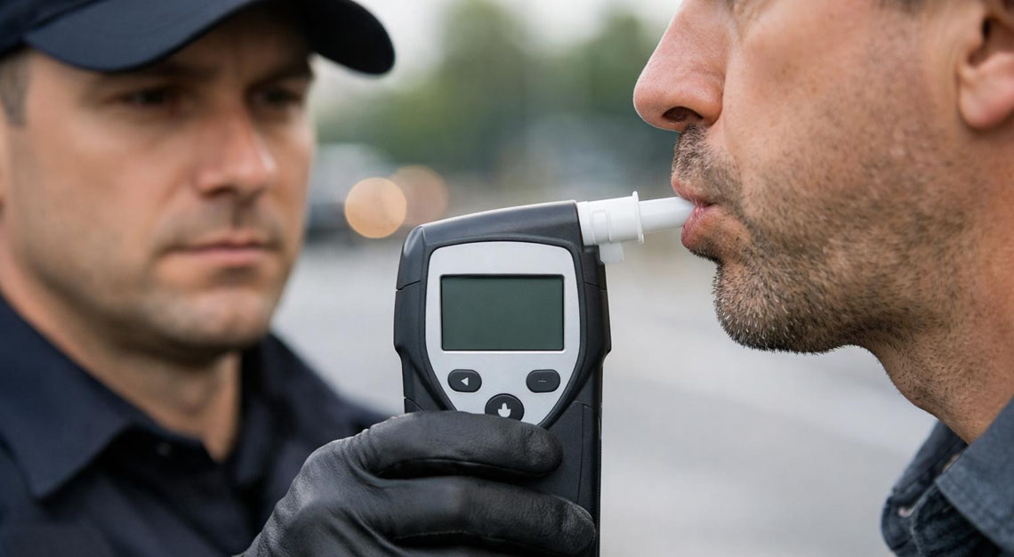 A police officer holding a breathalyzer device while a person blows into it during a roadside test.