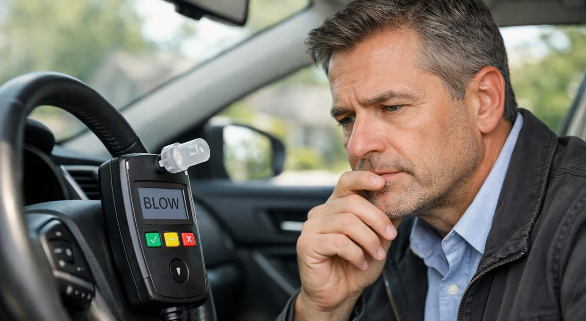A man sitting inside a car looking thoughtfully at an ignition interlock device near the steering wheel.