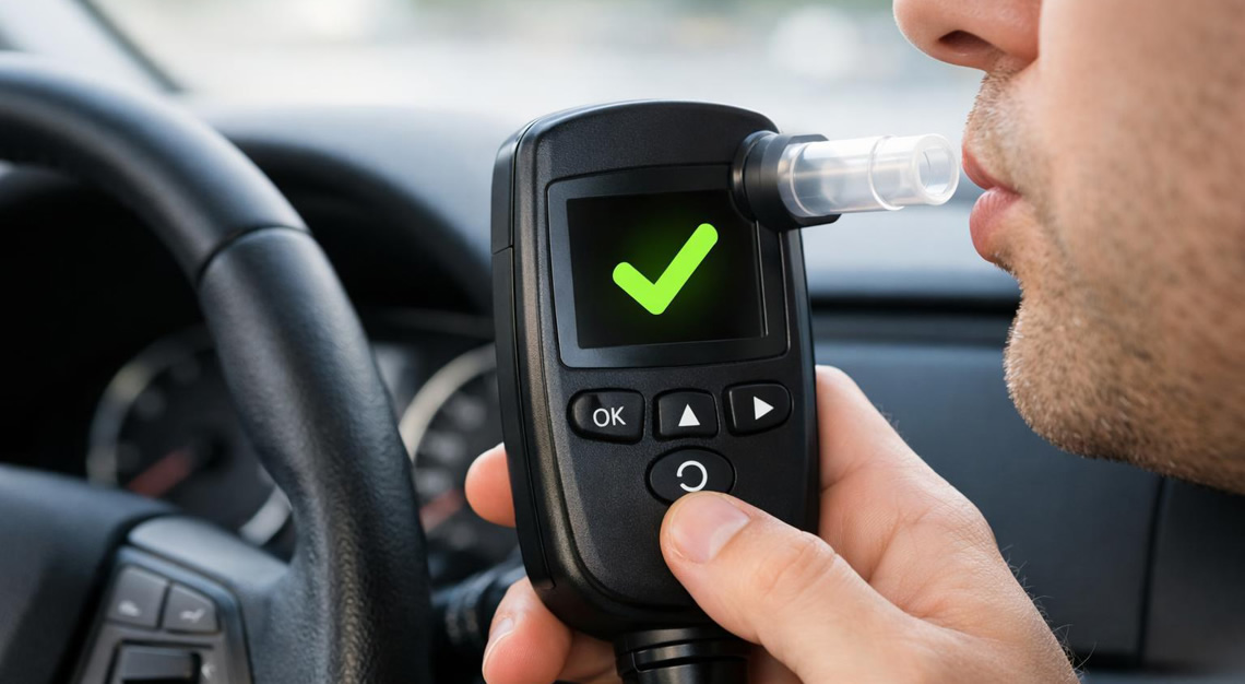 A driver's hand about to blow into an ignition interlock device inside a car, with the dashboard and steering wheel visible.