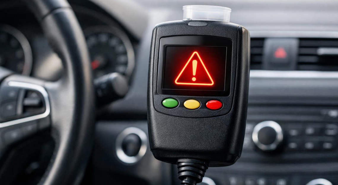 Close-up of a car dashboard showing an ignition interlock device with a red warning light inside a modern vehicle.