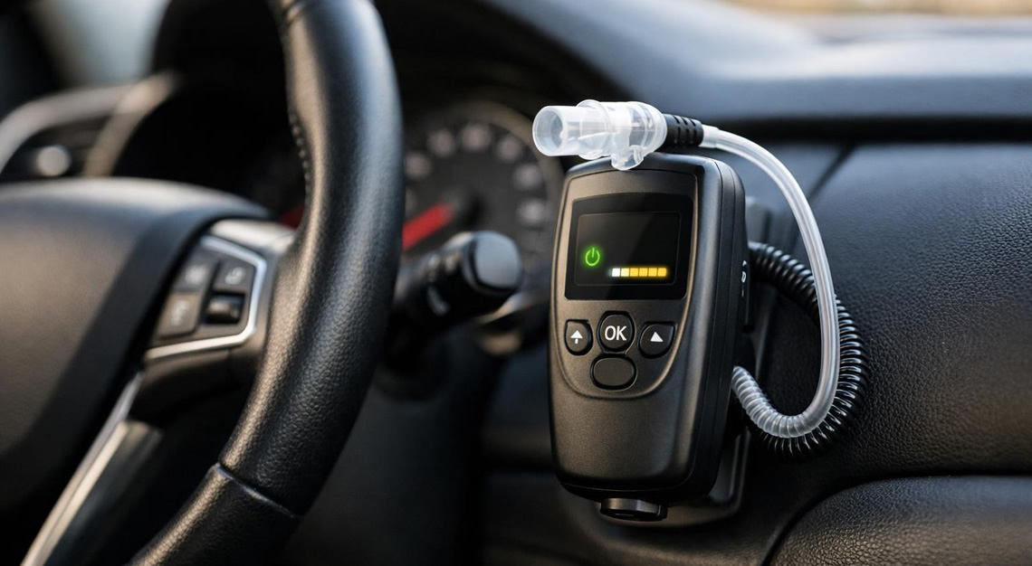 Close-up of a car dashboard showing an ignition interlock device installed near the steering wheel.
