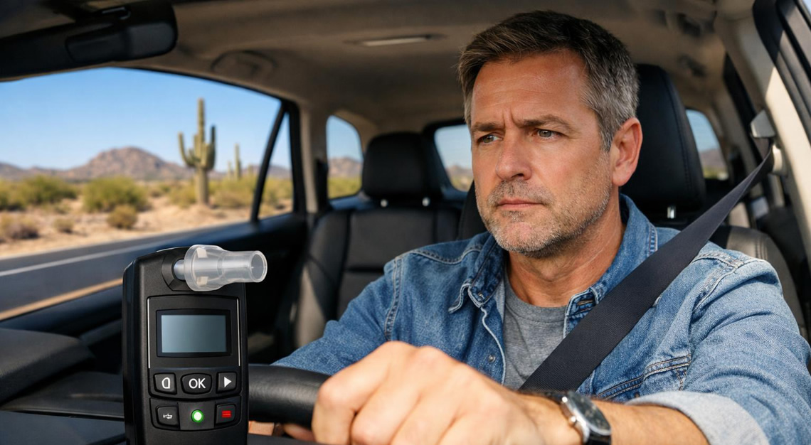 A man driving a car on a sunny Arizona road with an ignition interlock device visible on the dashboard.