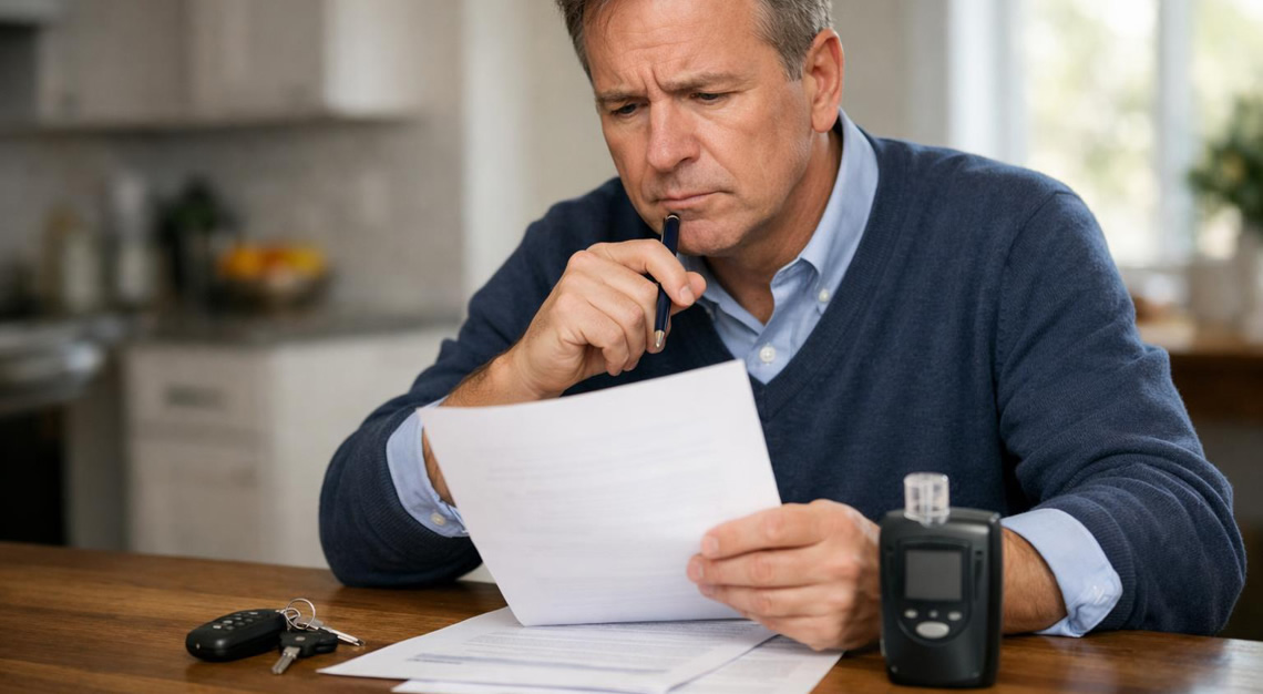 A man sitting at a table looking concerned while reviewing documents with car keys and an ignition interlock device nearby.