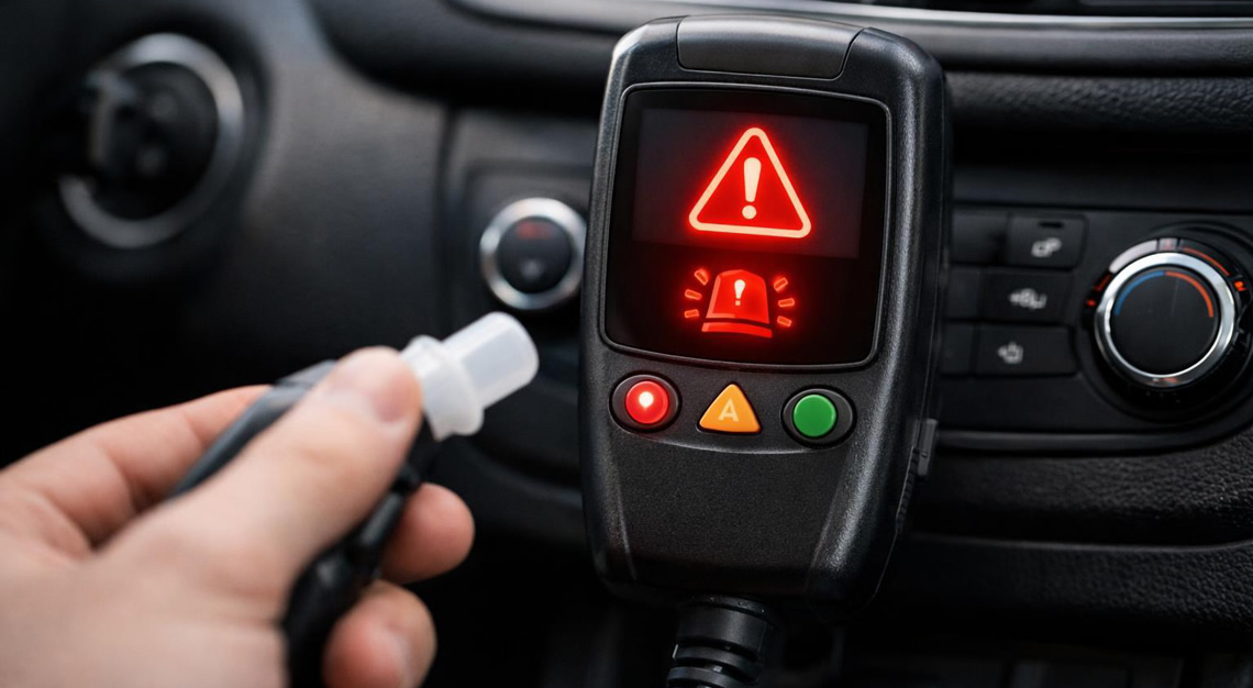 Close-up of a car dashboard showing an ignition interlock device with a warning indicator and a driver holding a breathalyzer mouthpiece.