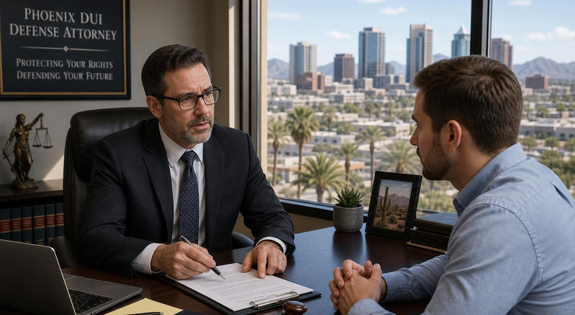 A DUI attorney talks with a client in a law office with a view of the Phoenix cityscape.