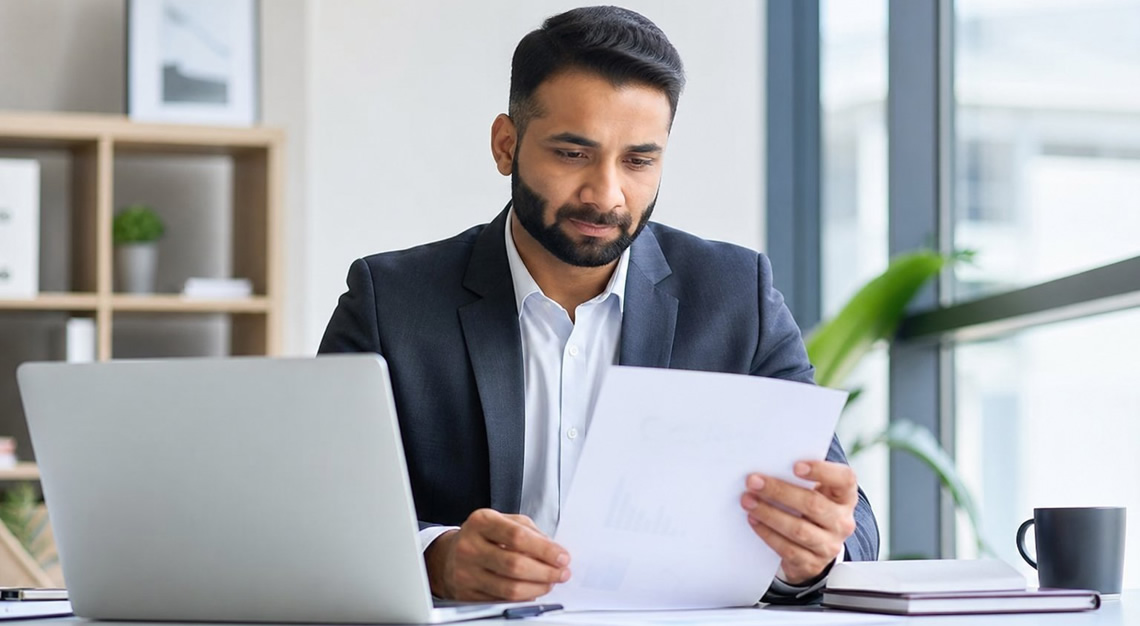 A business professional reviewing documents at a desk in a bright office.