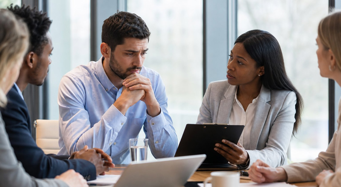 A worried young man talks with a professional employer in a modern office during a serious discussion.