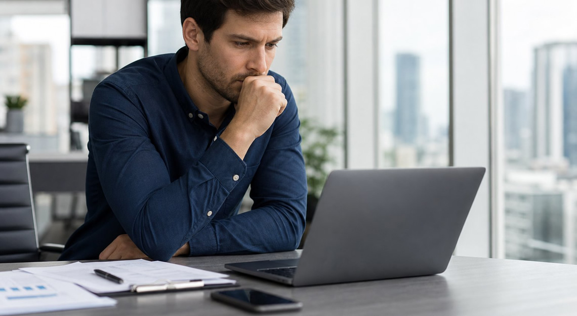 A young man in a modern office looking thoughtfully at a laptop with documents on the desk.