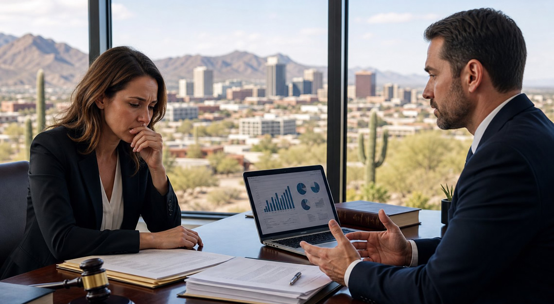 Two professionals having a serious discussion in an office with legal documents and a laptop, with an Arizona city skyline visible through the window.
