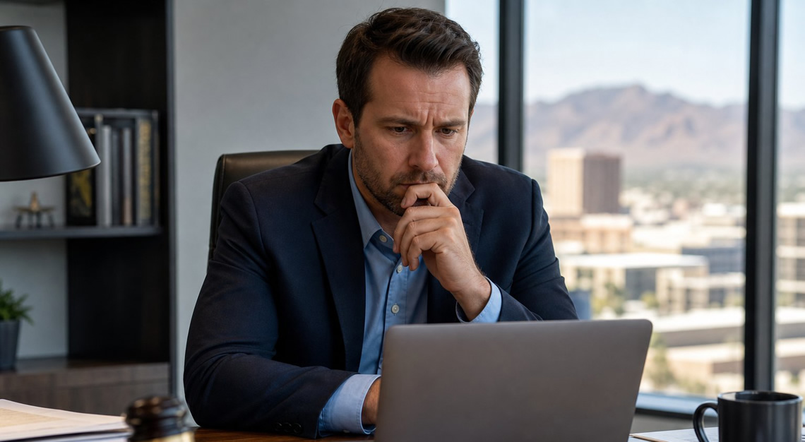 A worried man in business clothes sitting at a desk in an office, looking thoughtfully at a laptop with legal documents nearby.