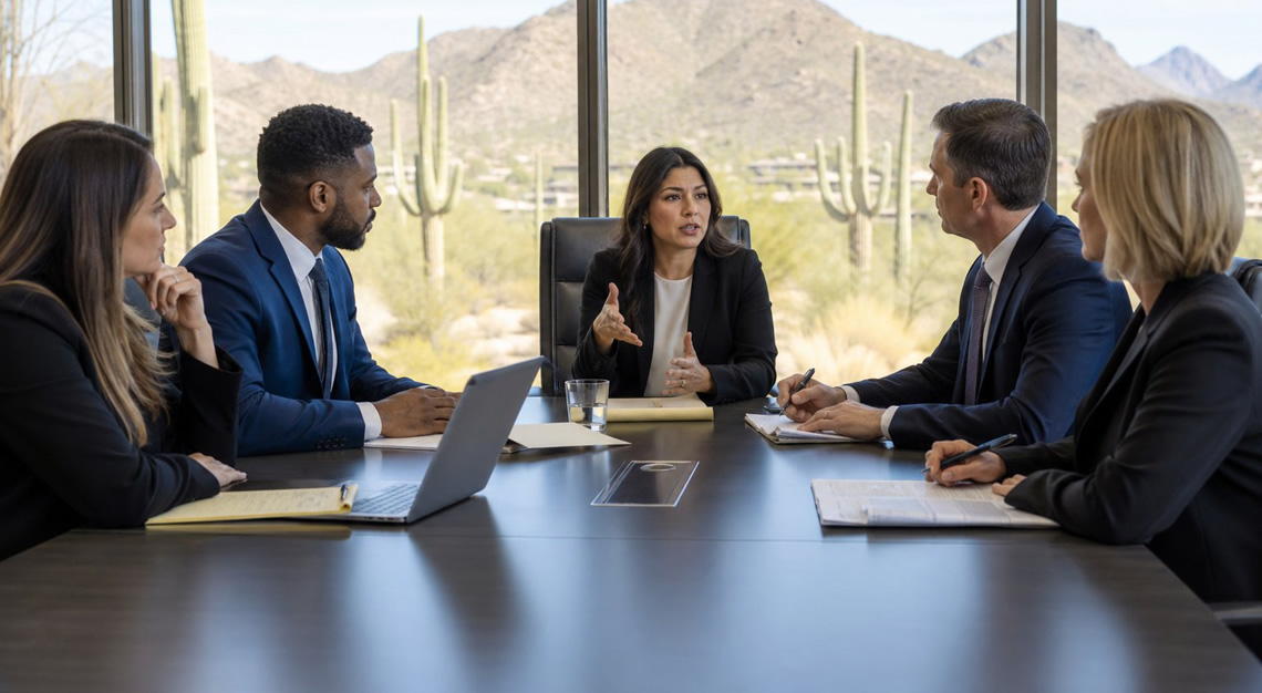 A group of professionals in business attire having a serious discussion around a conference table with a desert landscape visible through the windows.