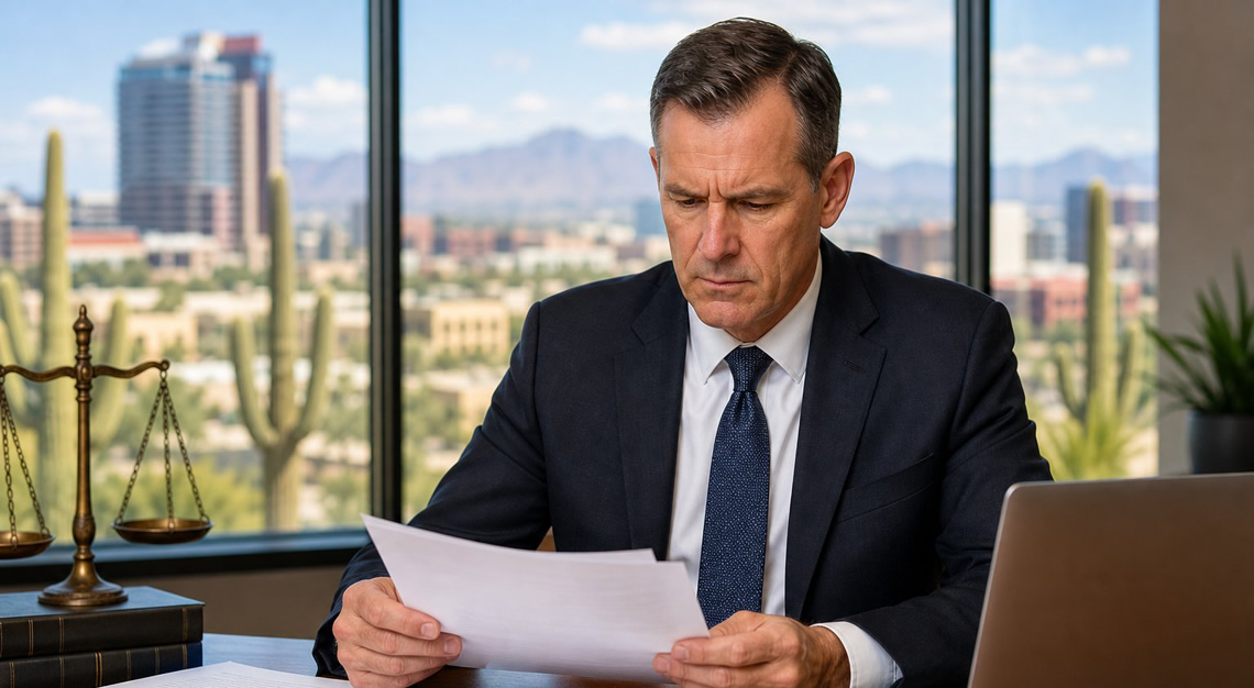A man in business clothes sitting at a desk reviewing documents with a laptop, in an office with a window showing a sunny cityscape and desert plants.