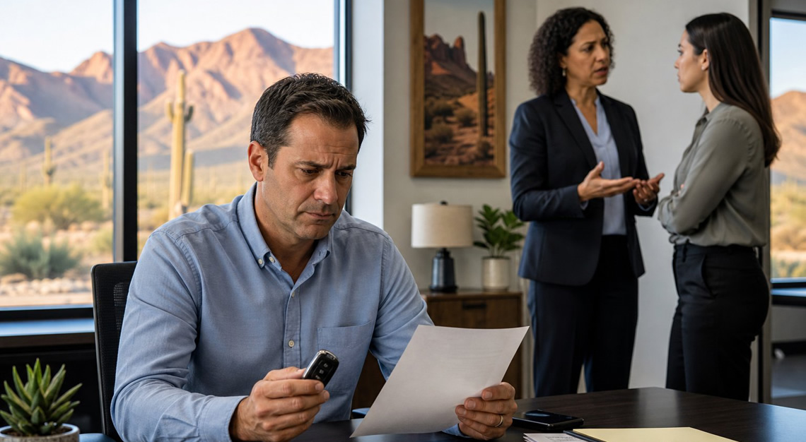 A man in an office looks worried holding car keys and papers while a supervisor talks seriously with another employee, with a desert landscape visible outside the window.