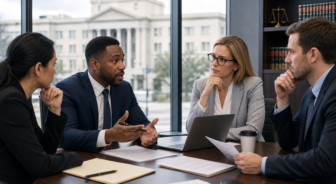 A group of professionals having a serious meeting in an office with a blurred courthouse visible outside the window.