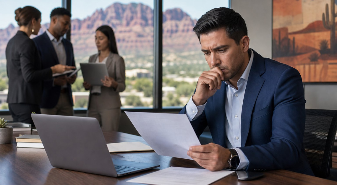 A person in a modern office looks thoughtfully at documents while colleagues work nearby, with a desert landscape visible through the window.
