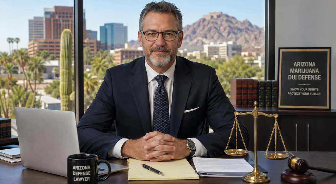 A confident attorney sitting at a desk with legal documents and a laptop in an office overlooking an Arizona cityscape.