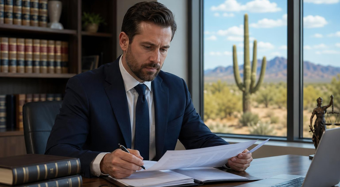 A male lawyer in a suit reviews documents in an office with a desert landscape visible through the window.