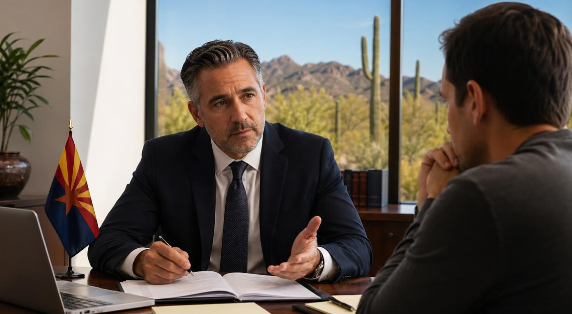 A lawyer and client having a serious discussion in an office with a desert landscape visible through the window.