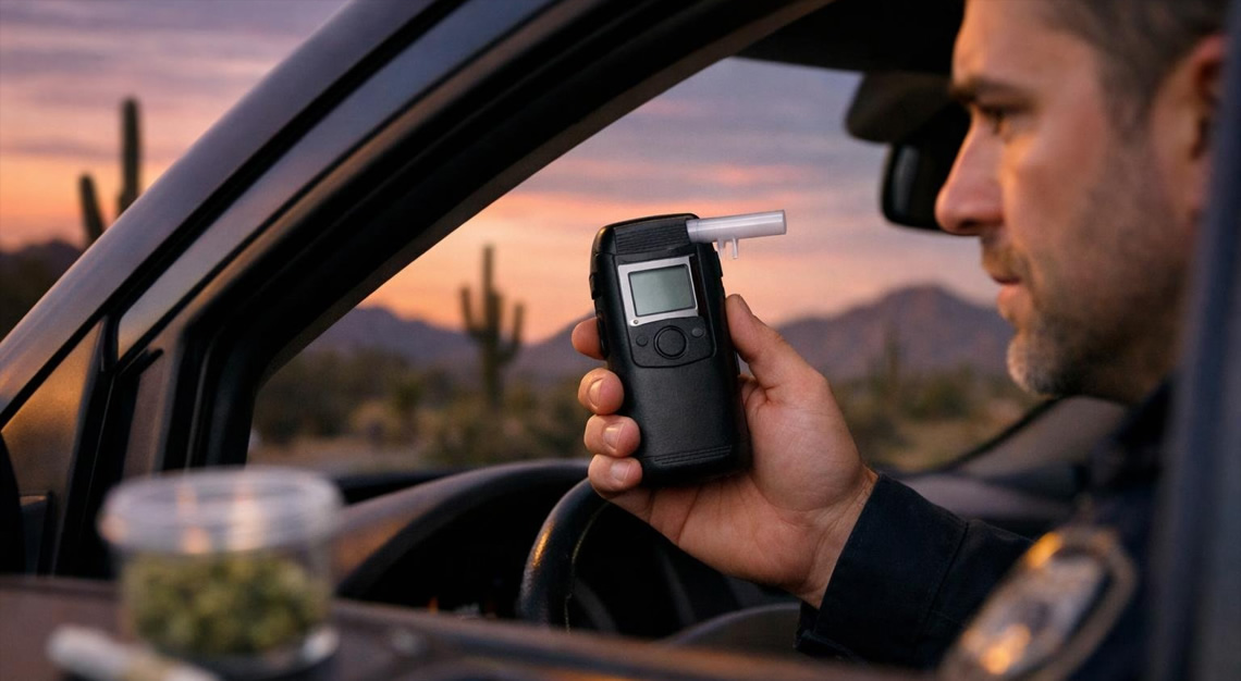 Police officer administering a breathalyzer test to a driver in a car with desert landscape in the background.