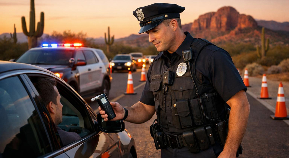 A police officer conducts a DUI checkpoint test with a driver in a car at dusk in an Arizona desert setting.