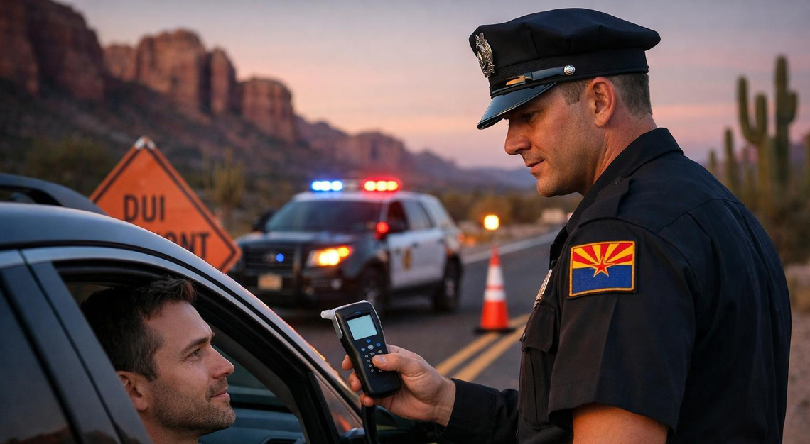 Police officer conducting a roadside sobriety check with a driver on an Arizona desert highway at dusk.