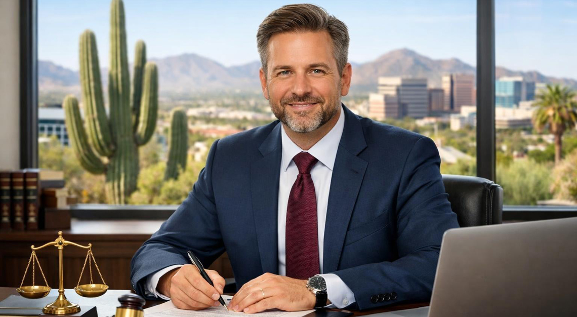 A lawyer sitting at a desk in an office with legal documents and a laptop, with an Arizona cityscape visible through the window behind.