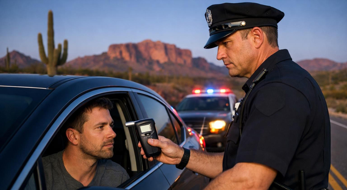 Police officer administering a roadside sobriety test to a driver on a desert highway in Arizona at dusk.
