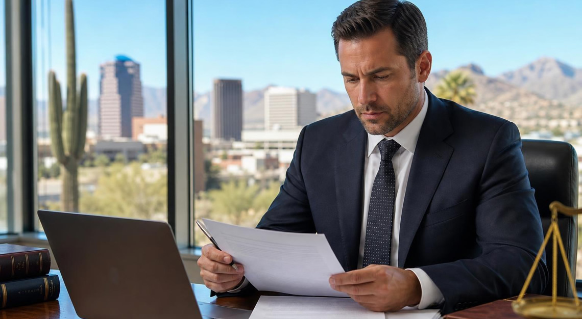 A male lawyer in a suit reviewing legal documents at a desk in an office with a cityscape and desert vegetation visible through large windows.