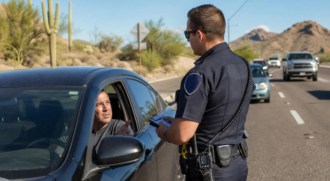 A police officer talks to a driver beside a stopped car on a busy road in an Arizona urban area with desert plants in the background.